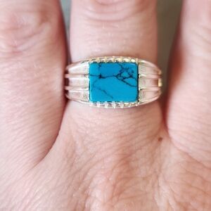 Sterling Silver 925 Turquoise Ring, Thick Band, Size 10.5